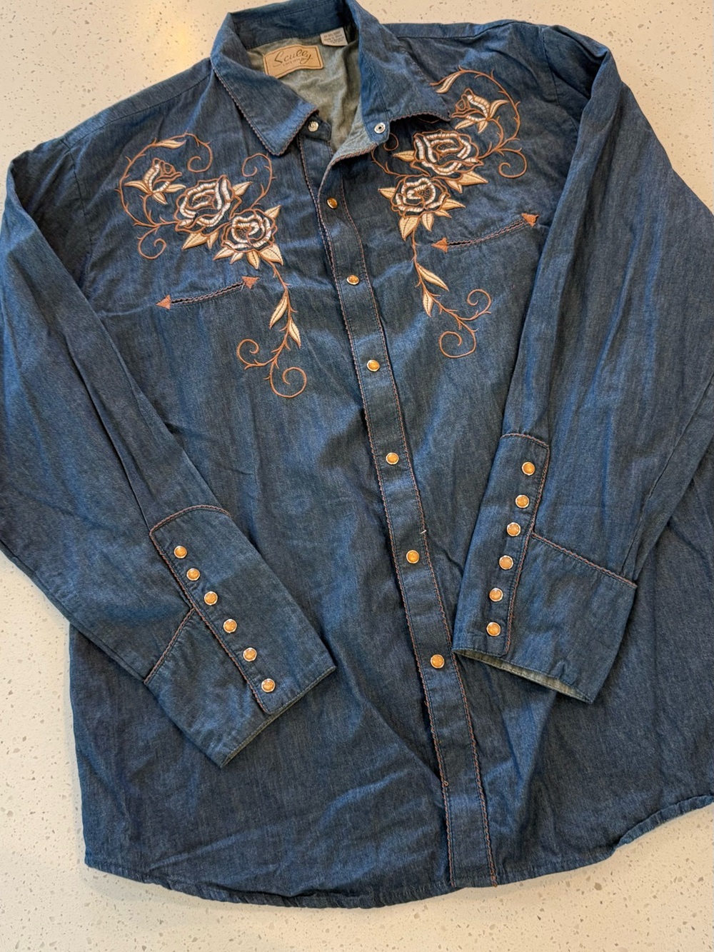 XL Scully Mens Embroidered Long Sleeve Snap Blue Western Shirt Cowboy Denim Top